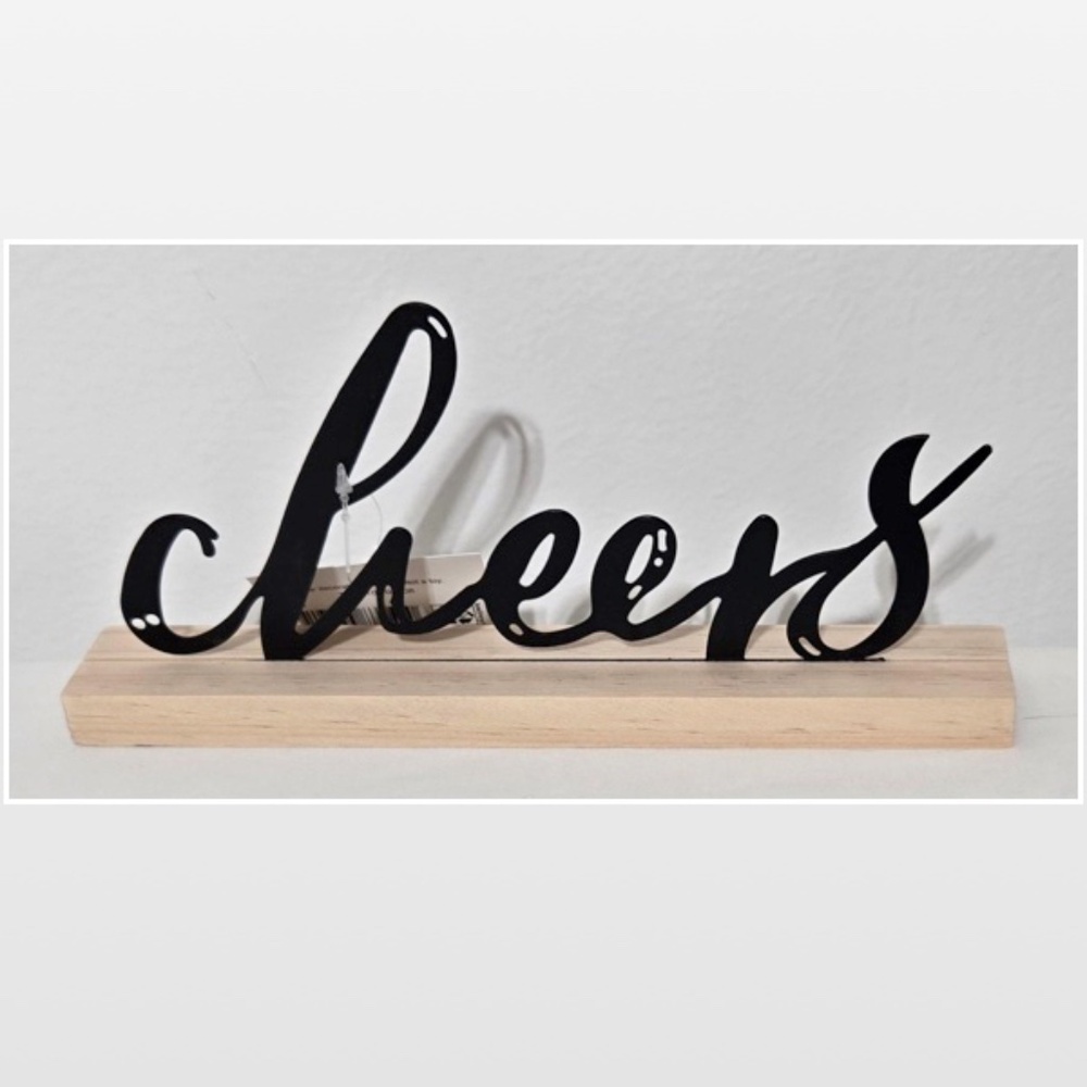 New Room & Retreat Black Metal Cheers Word Art Décor Sitter Nude Wood Base